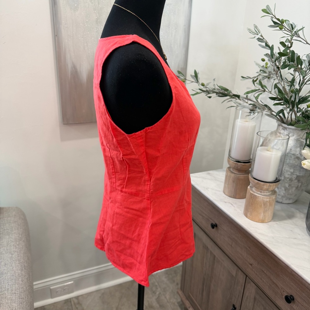 J. Crew Dark Coral V-neck Linen/Cotton Peplum Sleeveless Blouse - Picture 5 of 10